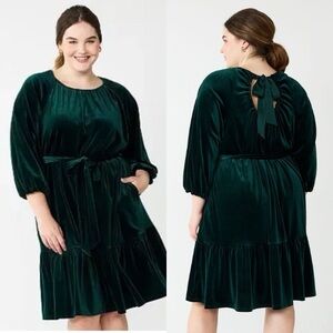 Draper James Velvet Green Bow Back Belted Plus Size Dress